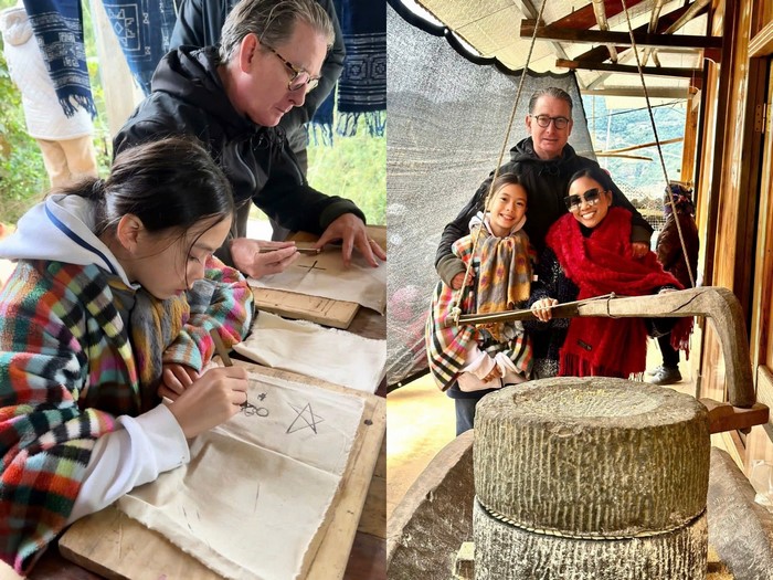 Bé Sol và bố mẹ trải nghiệm vẽ và dùng cối xay đá