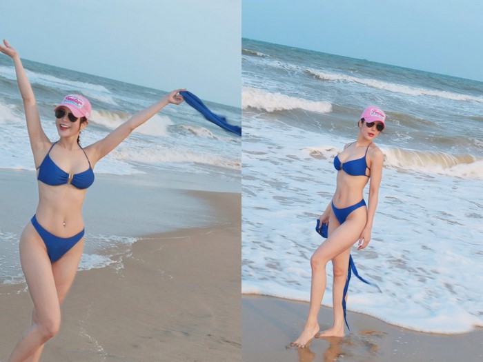 Thiết kế táo bạo của bộ bikini đã khoe vẹn cơ bụng săn chắc, khỏe khoắn.