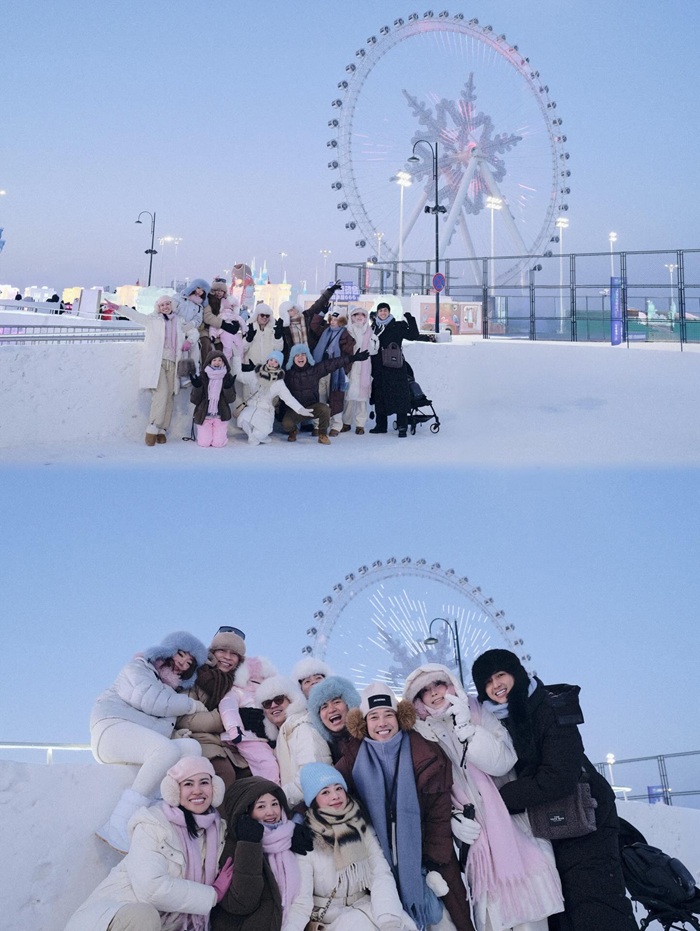 Dàn sao Việt hào hứng tạo dáng giữa khung cảnh băng tuyết Cáp Nhĩ Tân. Ảnh: FBNV