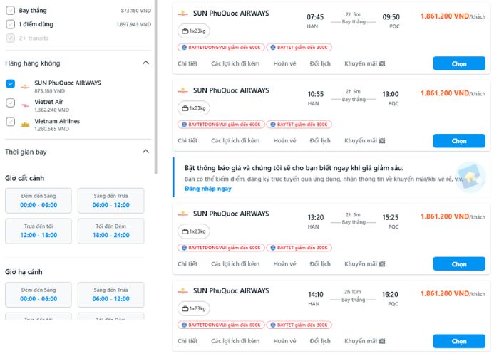 Hạng vé của SUN PhuQuoc Airways