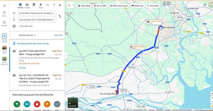 Bản đồ hướng dẫn di chuyển đến trại rắn Đồng Tâm Tiền Giang