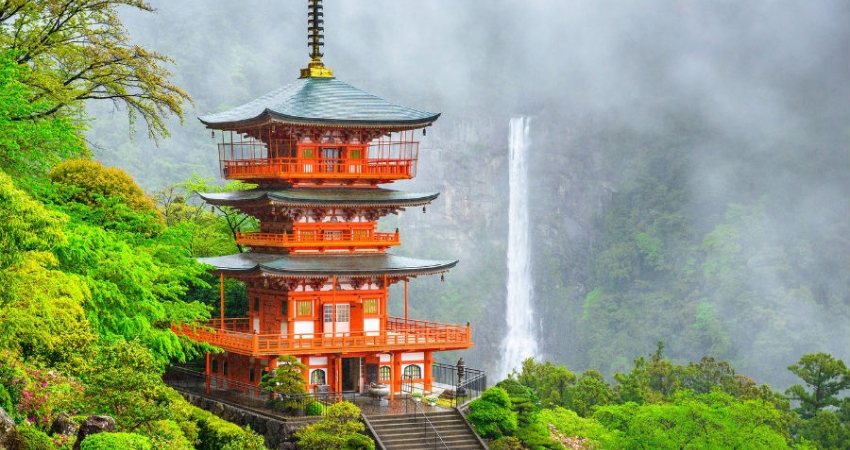 Đứng từ đền Nachi Taisha, ngắm nhìn dòng thác Nachi đổ xuống trắng xóa một trời