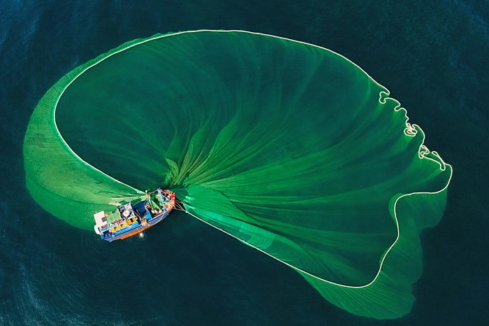 Nhìn từ trên cao, Mùa lưới vây cá cơm Hòn Yến Phú Yên Đắk Lắk tạo thành nhiều hình dạng khác nhau