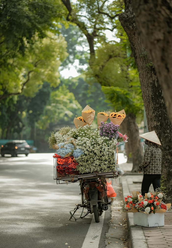 Phố Phan Đình Phùng Hà Nội nổi tiếng với những gánh hoa màu sắc