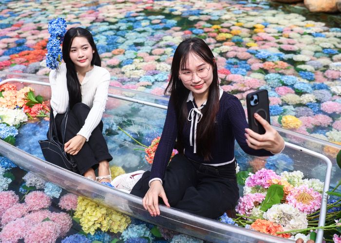 Trải nghiệm đi thuyền trên hồ hoa cẩm tú cầu tại quán Cái tổ chim HCM