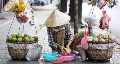 Một chị gánh hàng hoa quả rong ở Hà Nội.