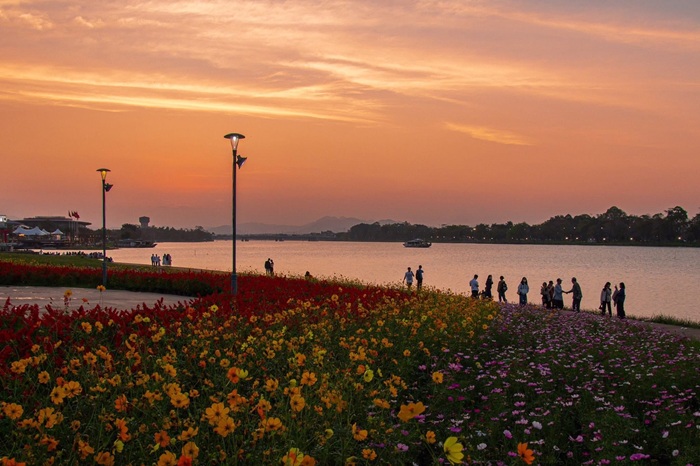 Sắc trời hòa cùng sắc hoa cỏ, từng bước chân dọc bờ sông như đang đi qua một bức tranh dịu dàng của thiên nhiên. 