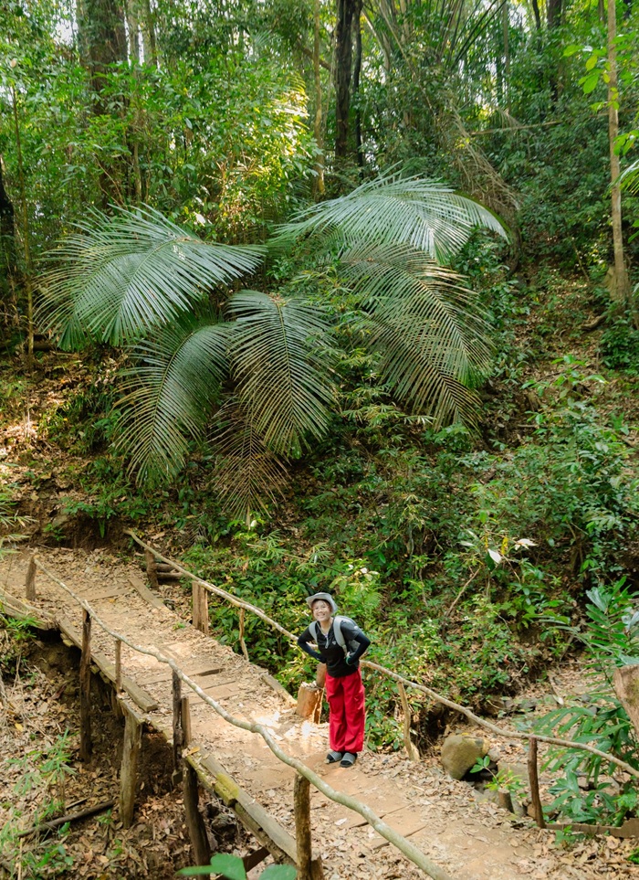 Một góc checkin khi dừng chân trên cây cầu gỗ, người tham gia hành trình ghi lại khoảnh khắc thư giãn giữa không gian rừng xanh.