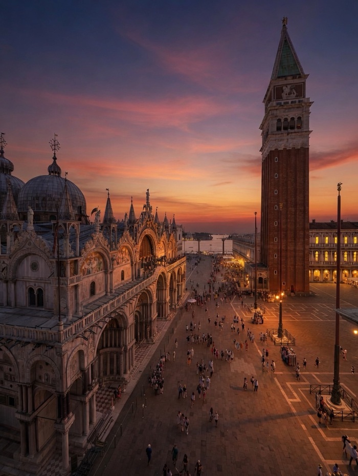 ngắm hoàng hôn ở quảng trường San Marco Ý 